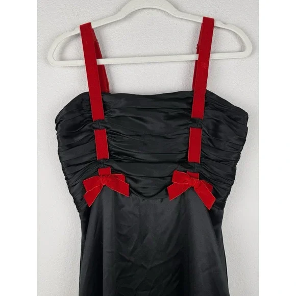 Betsey Johnson NY Vintage 90s Y2K Black Silk Red Velvet Bow Dress Gown Goth Punk
